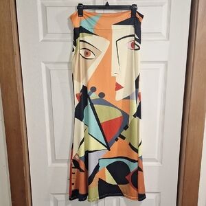 Abstract Art Picasso Like Maxi Skirt - Orange and Black - L